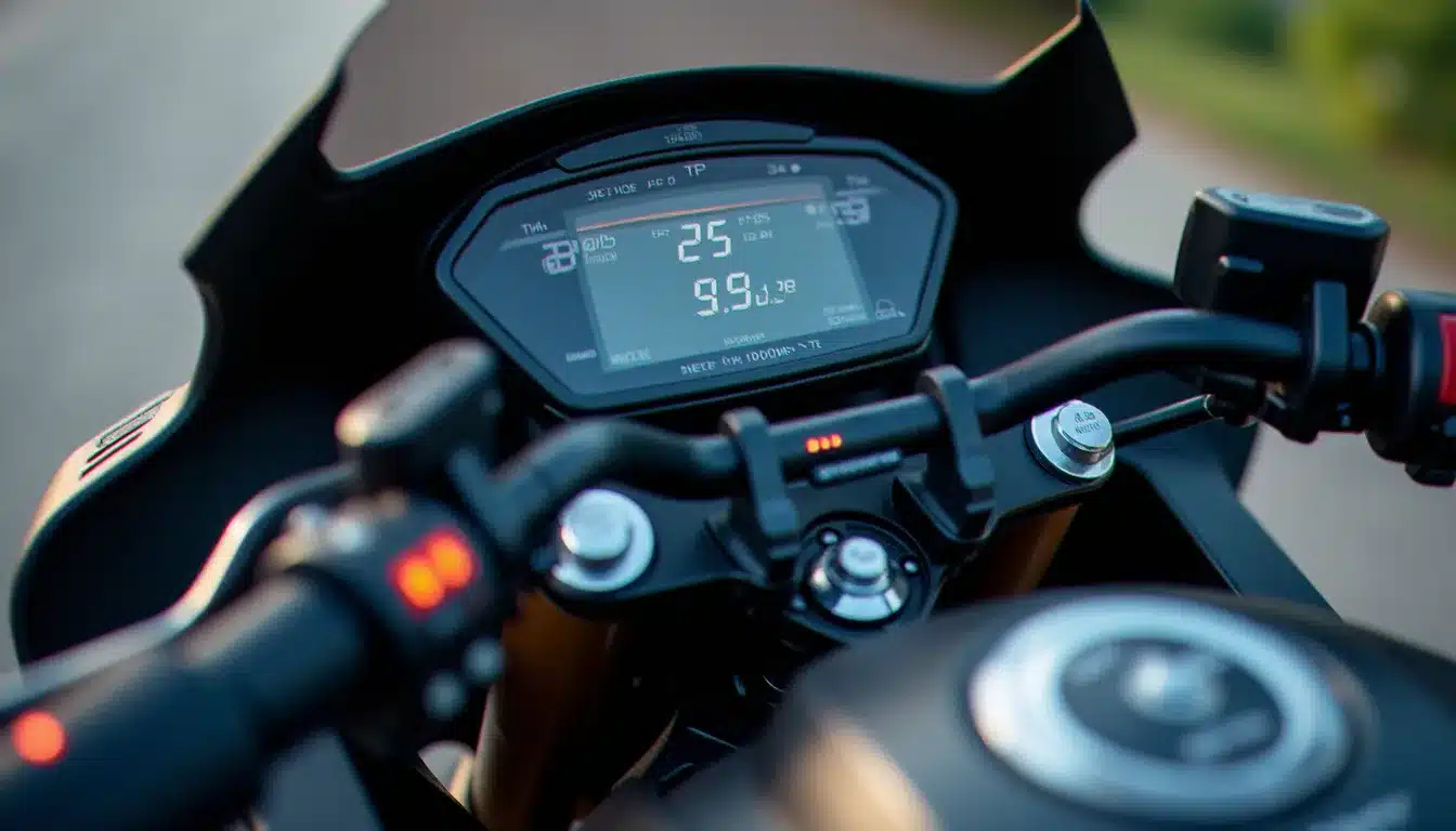 Tableau de bord TFT et commandes de guidon d'une KTM 890 Adventure affichant en temps réel les données de pression des pneus incluses dans le Tech Pack