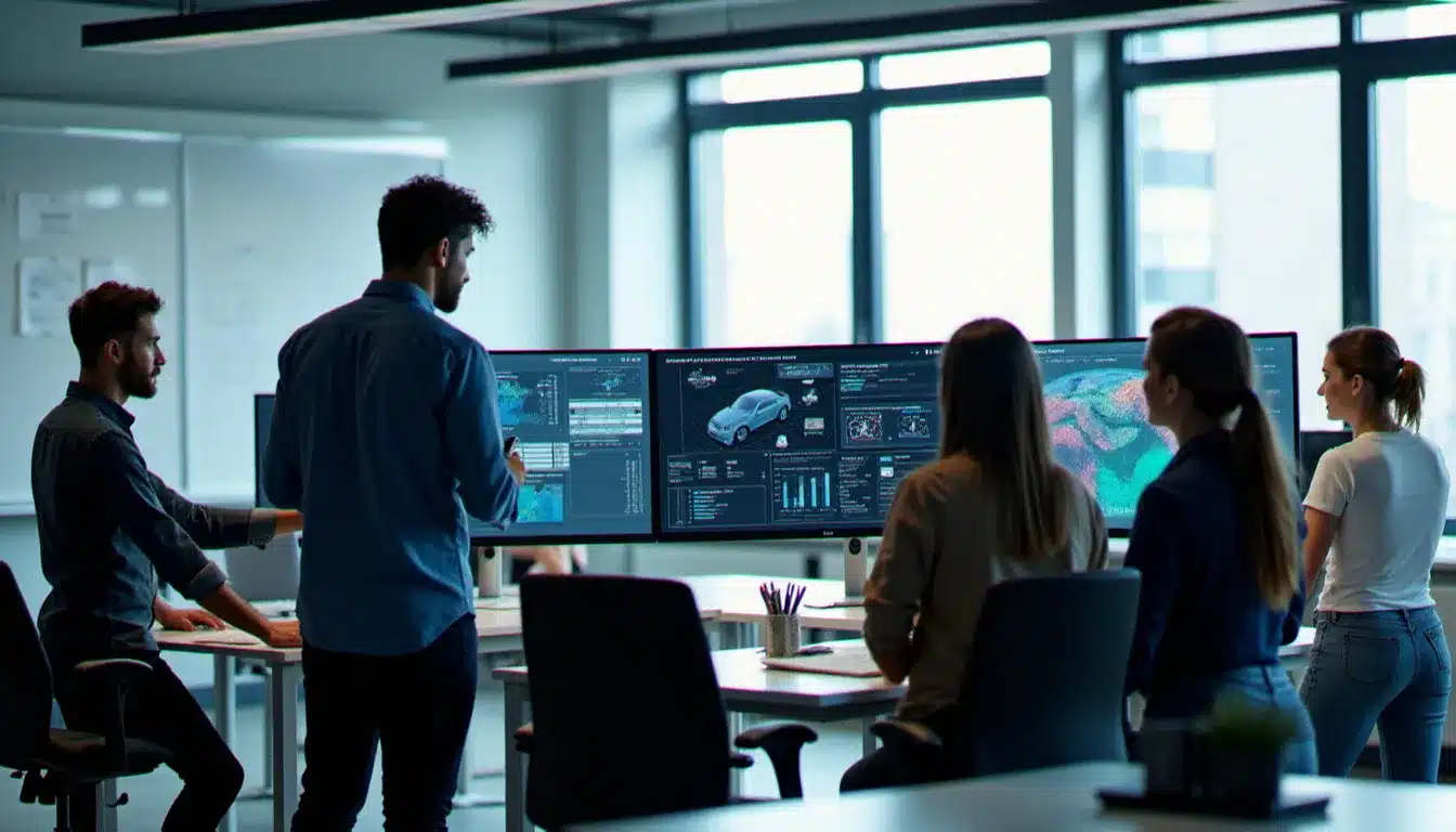 Équipe pluridisciplinaire de développeurs travaillant sur des projets de mobilité connectée lors d'un hackathon tech, illustrant la convergence entre innovation logicielle et technologies embarquées moto