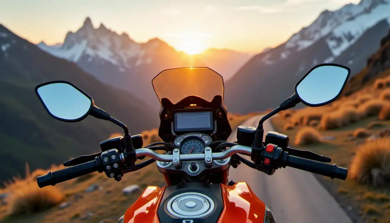 KTM 890 Adventure équipée du Tech Pack sur un col de montagne au coucher du soleil, illustrant le prix tech pack KTM 890 Adventure et son niveau d'équipement électronique
