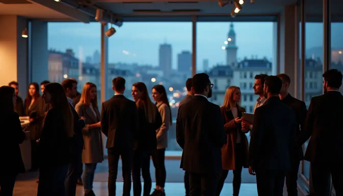 Jeunes professionnels et étudiants tech en réseau lors d'un événement parisien, illustrant les débouchés et opportunités dans la tech universitaire française