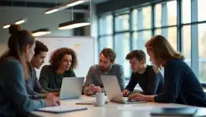 Étudiants en tech dans un laboratoire universitaire français collaborant sur un projet numérique, illustrant les avis sur la tech france université