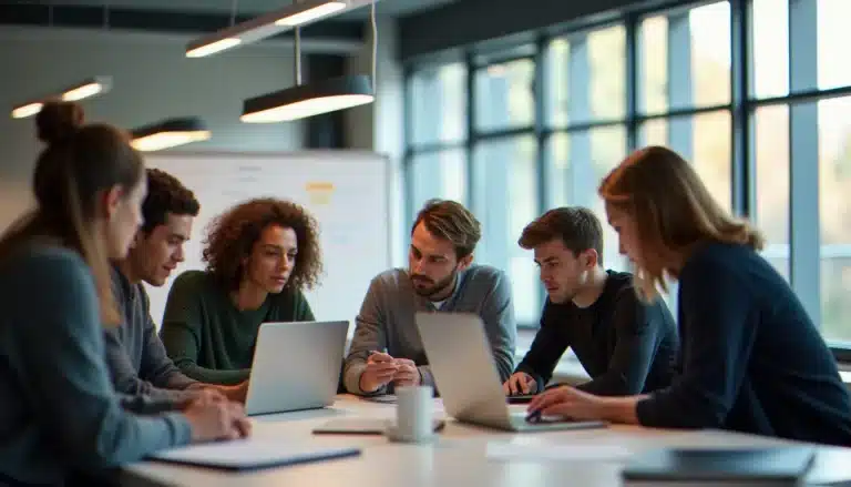 Étudiants en tech dans un laboratoire universitaire français collaborant sur un projet numérique, illustrant les avis sur la tech france université