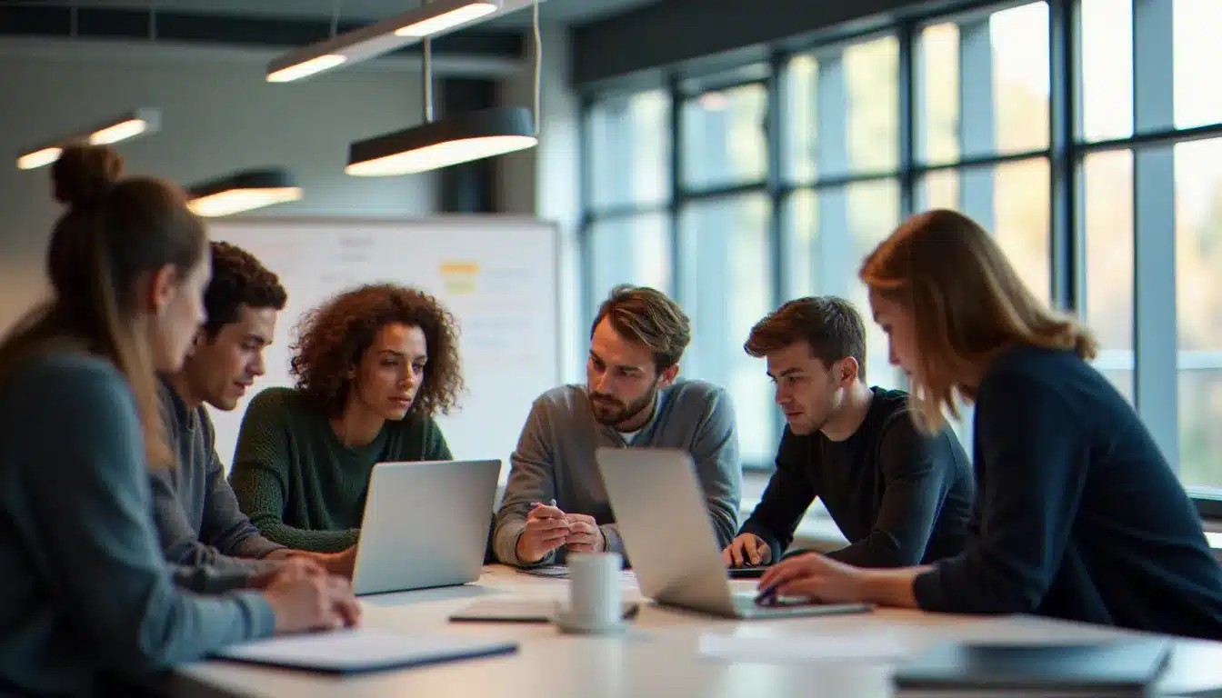 Étudiants en tech dans un laboratoire universitaire français collaborant sur un projet numérique, illustrant les avis sur la tech france université