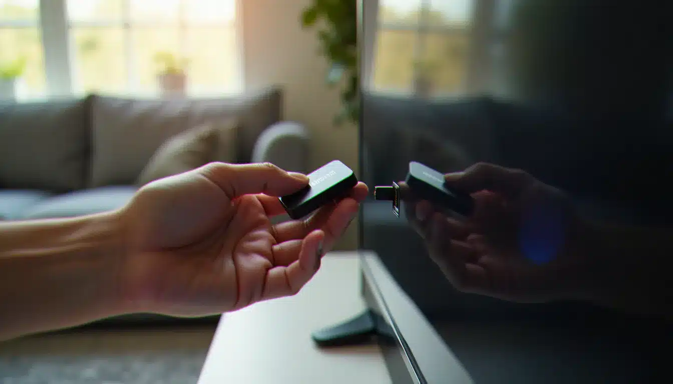 Gros plan d'une main branchant un dongle de streaming dans le port HDMI d'un téléviseur pour le transformer en smart TV connectée