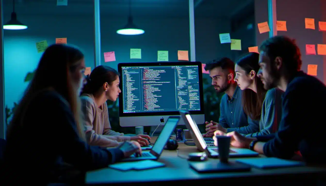 Une équipe de cinq développeurs concentrés travaillant sur un prototype d'interface smart TV lors d'un hackathon tech en soirée, entourés d'ordinateurs portables et de post-its colorés