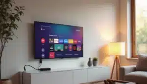 Un téléviseur plat moderne transformé en smart TV grâce à un dongle HDMI, affichant une interface de streaming colorée dans un salon contemporain bien éclairé