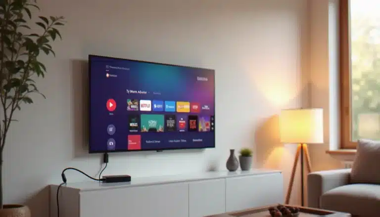 Un téléviseur plat moderne transformé en smart TV grâce à un dongle HDMI, affichant une interface de streaming colorée dans un salon contemporain bien éclairé