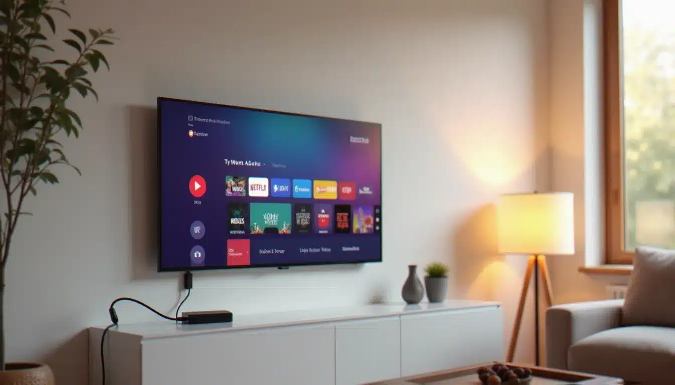 Un téléviseur plat moderne transformé en smart TV grâce à un dongle HDMI, affichant une interface de streaming colorée dans un salon contemporain bien éclairé