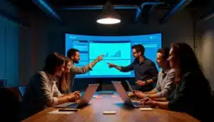 Équipe de participants concentrés lors d'un hackathon tech parisien, visualisant les résultats de leur prototype en compétition pour un tech prix