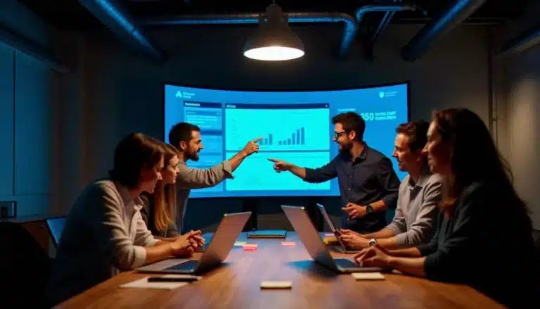 Équipe de participants concentrés lors d'un hackathon tech parisien, visualisant les résultats de leur prototype en compétition pour un tech prix
