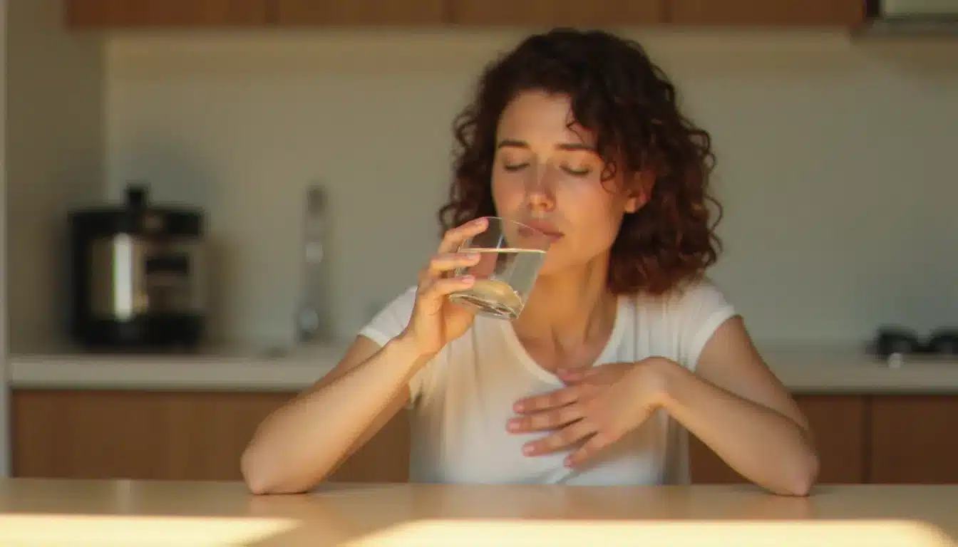 Personne buvant de l'eau en petites gorgées consécutives pour appliquer une technique contre le hoquet, geste simple dans un cadre quotidien