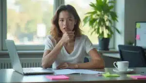 Jeune femme au bureau appliquant une technique efficace contre le hoquet en pressant doucement sa gorge, environnement de travail moderne et lumineux