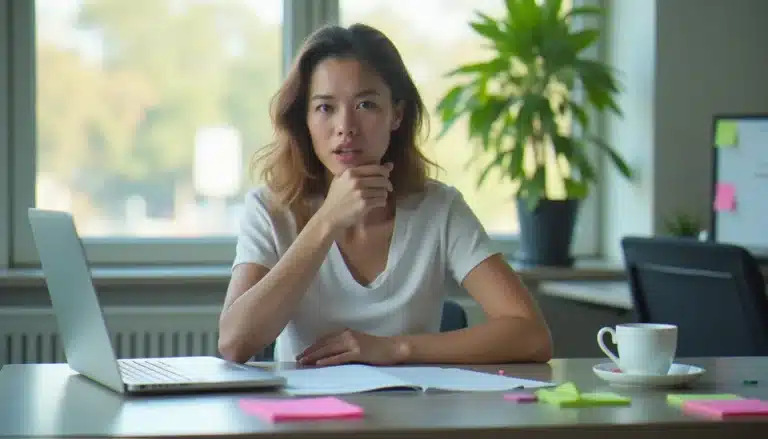 Jeune femme au bureau appliquant une technique efficace contre le hoquet en pressant doucement sa gorge, environnement de travail moderne et lumineux