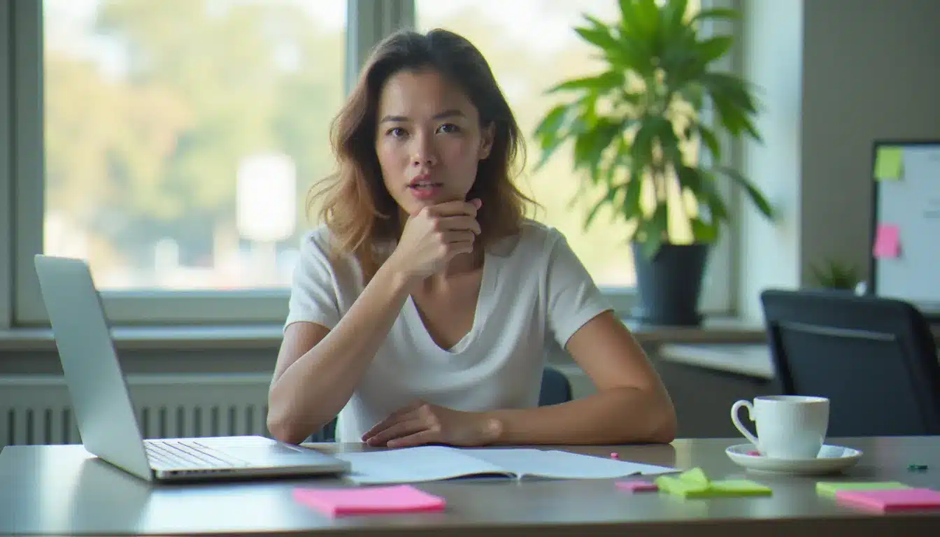 Jeune femme au bureau appliquant une technique efficace contre le hoquet en pressant doucement sa gorge, environnement de travail moderne et lumineux