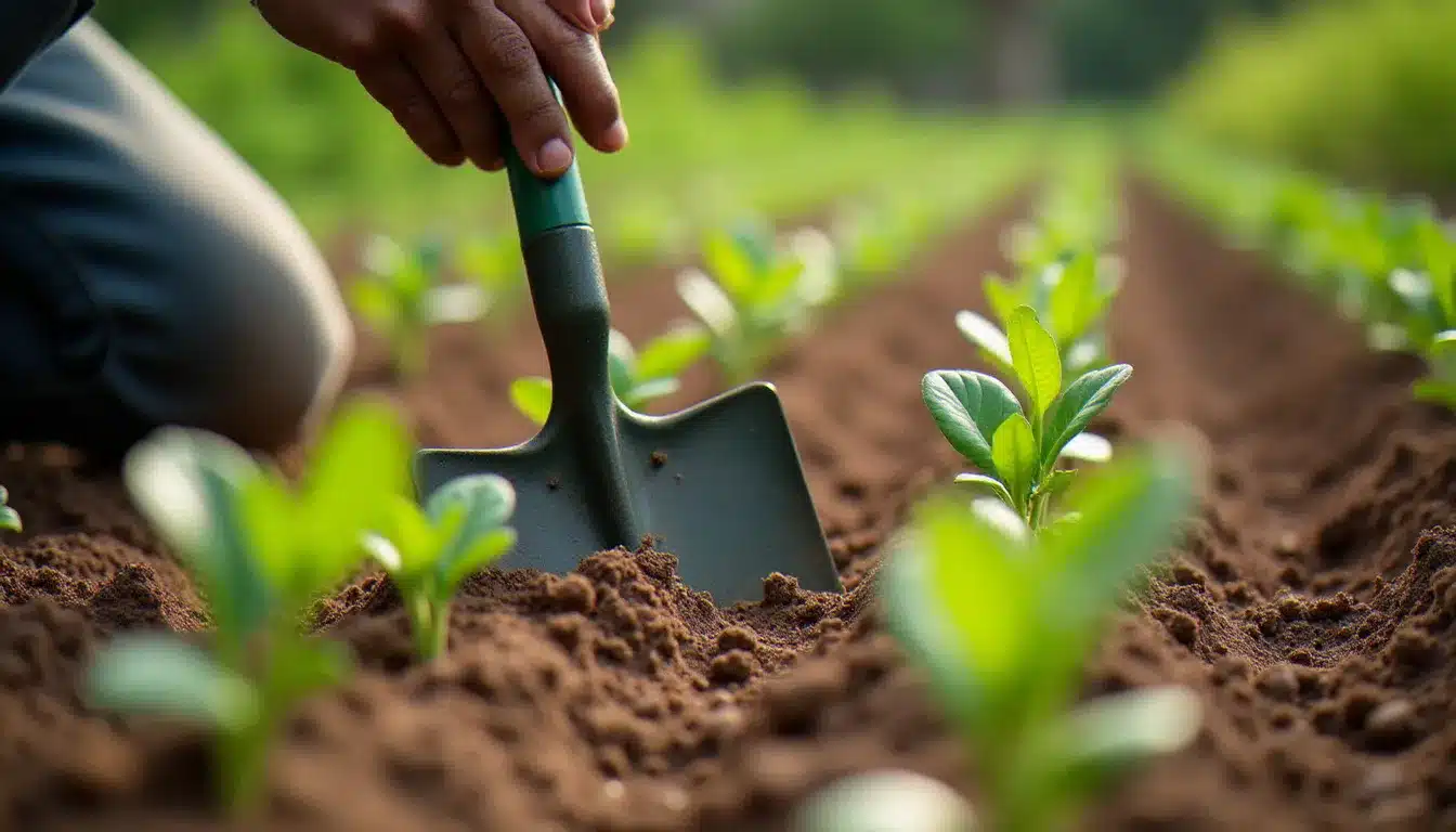 Gros plan sur un sarcloir oscillant sectionant de jeunes adventices au ras du sol entre les rangs d'un potager, technique mécanique de désherbage précoce