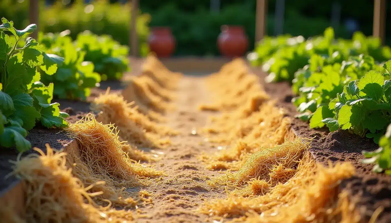 Jardin potager avec allées couvertes d'une épaisse couche de paille comme technique de paillage efficace contre les mauvaises herbes, aucune adventice visible entre les carrés de culture