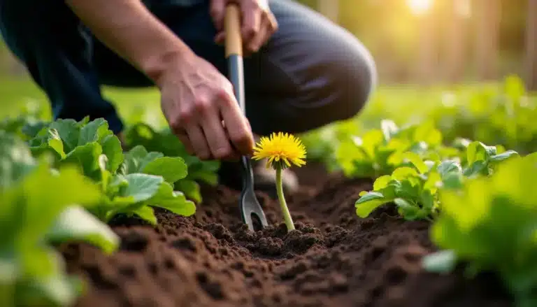 Jardinier appliquant une technique efficace contre les mauvaises herbes en arrachant un pissenlit avec un outil spécialisé dans un potager surélevé bien entretenu
