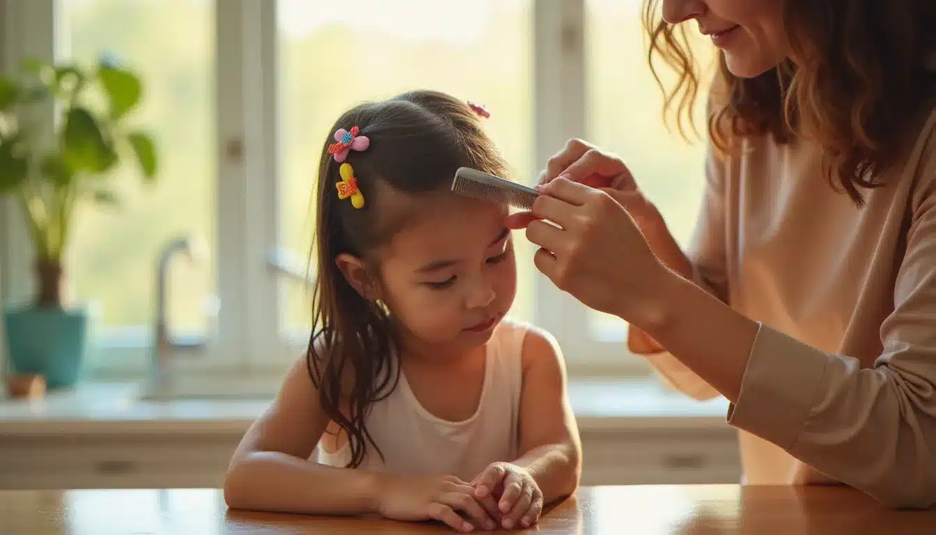 Une mère utilisant un peigne fin sur les cheveux mouillés de sa fille pour éliminer les poux par la technique du wet-combing à la lumière naturelle