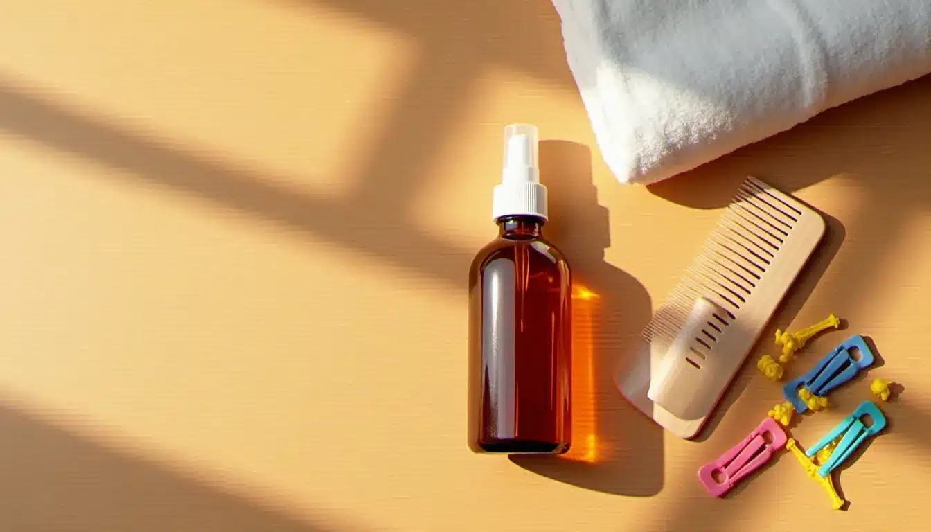 Vue aérienne d'une sélection de produits anti-poux disposés sur une table en bois, incluant lotion diméticone, peigne fin métallique et accessoires pour un traitement complet et organisé