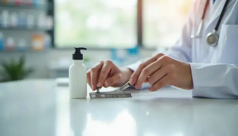 Un peigne à poux métallique et une lotion anti-poux à la diméticone posés sur le comptoir d'une pharmacie, illustrant une technique efficace contre les poux