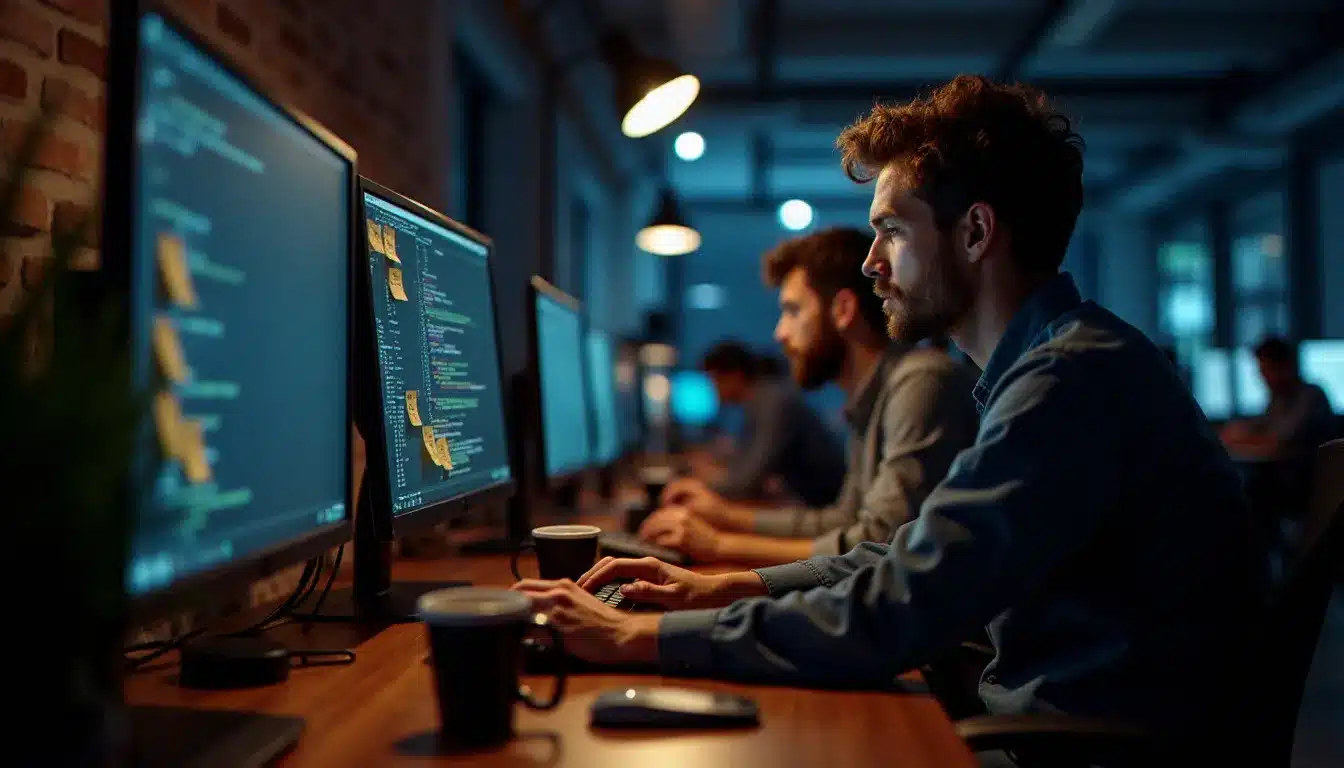 Développeurs en plein sprint nocturne lors d'un hackathon parisien, illustrant l'intensité de la préparation d'une technique prix gagnante