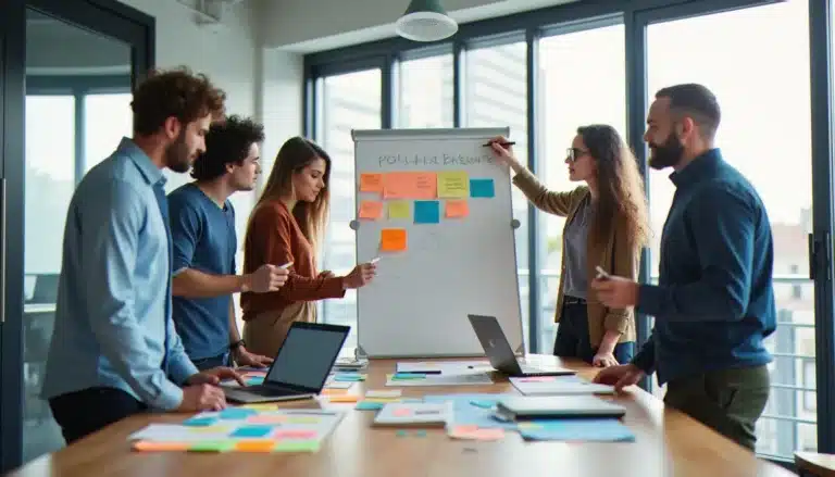 Équipe de hackathon en train de travailler leur technique prix autour d'un tableau blanc dans un espace d'innovation parisien lumineux