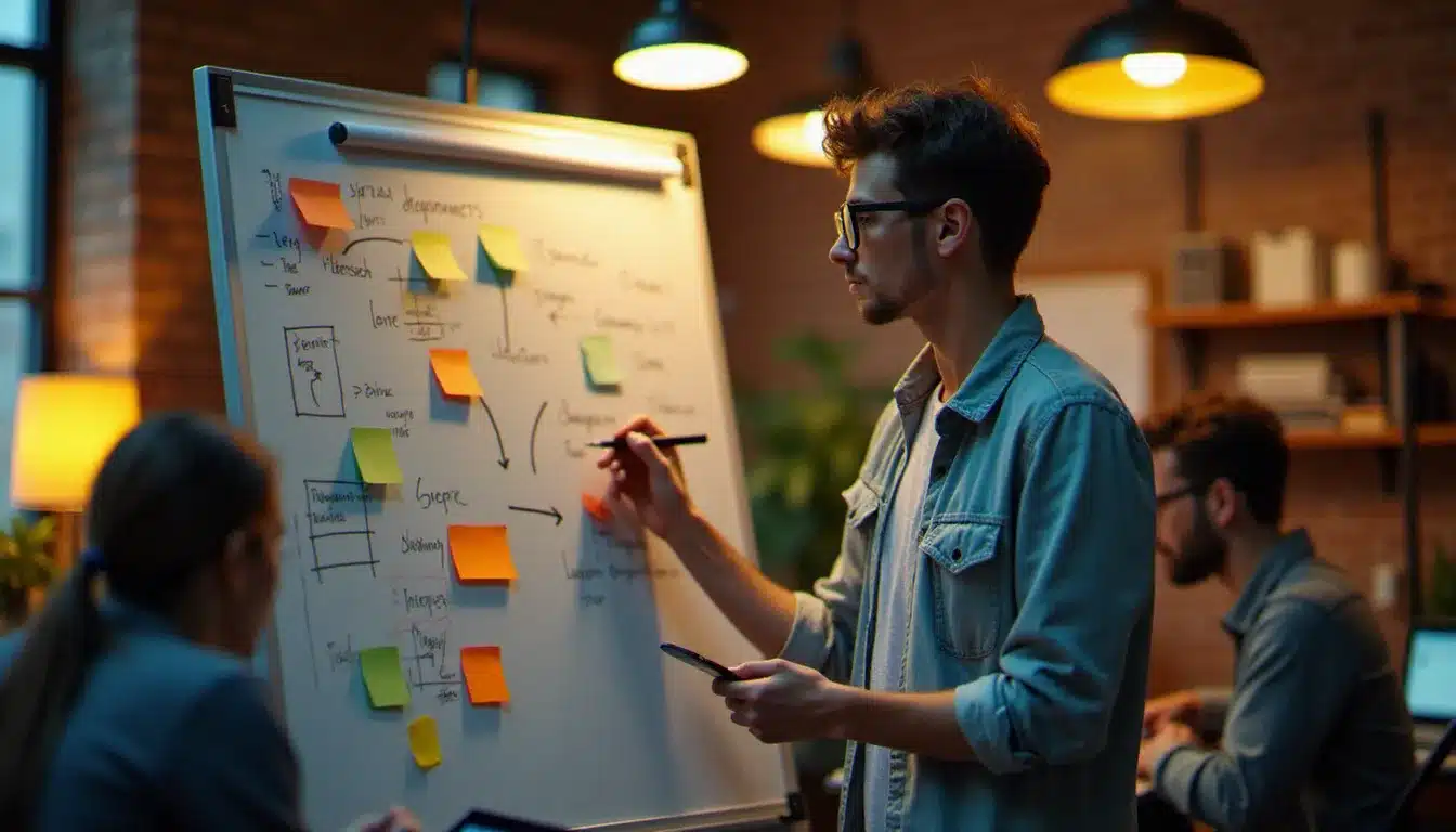 Un participant de hackathon organisant la préparation stratégique de son équipe sur un tableau blanc avec des post-its colorés dans un lab d'innovation, illustrant la phase de préparation pré-hackathon essentielle à la méthode