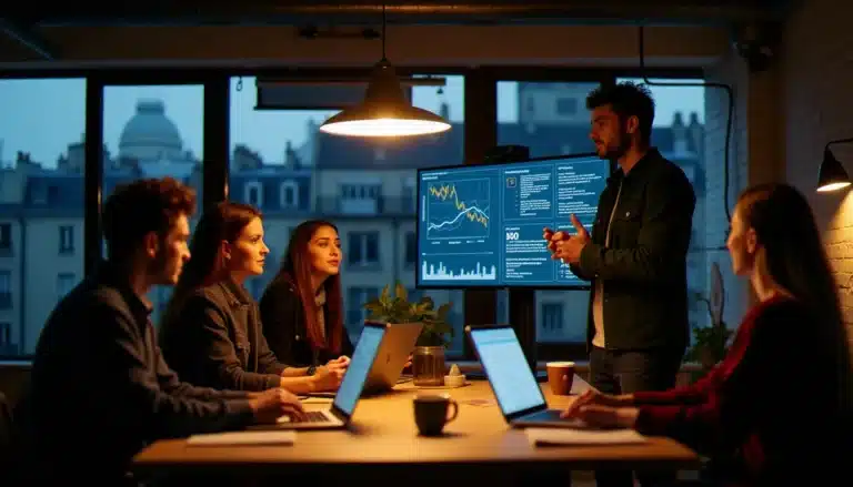 Une équipe de quatre participants au Hi! Paris Hackathon appliquant la technique prix star légendaire devant un tableau de bord de données, dans un espace de coworking parisien moderne en soirée