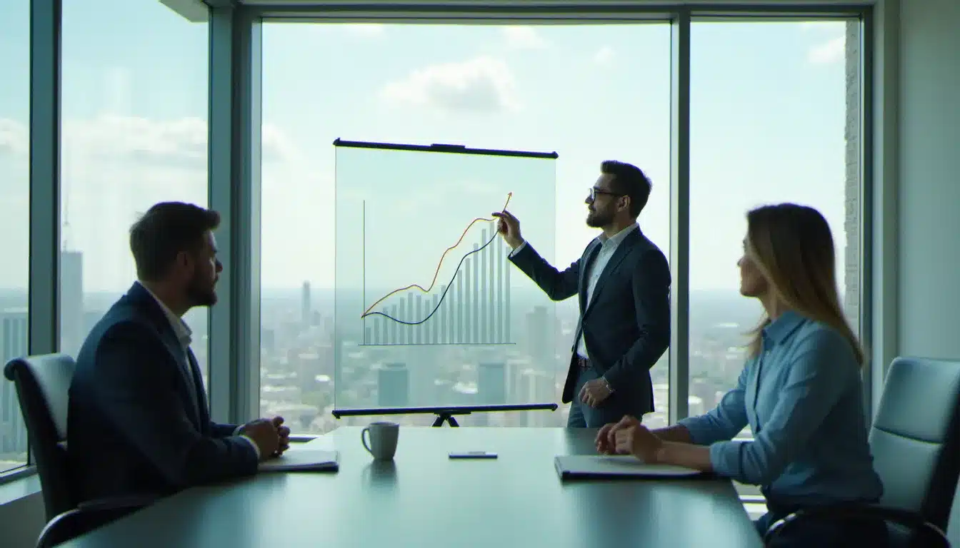 Présentation du modèle économique d'une biotech company à des investisseurs dans une salle de réunion moderne avec vue sur une skyline urbaine