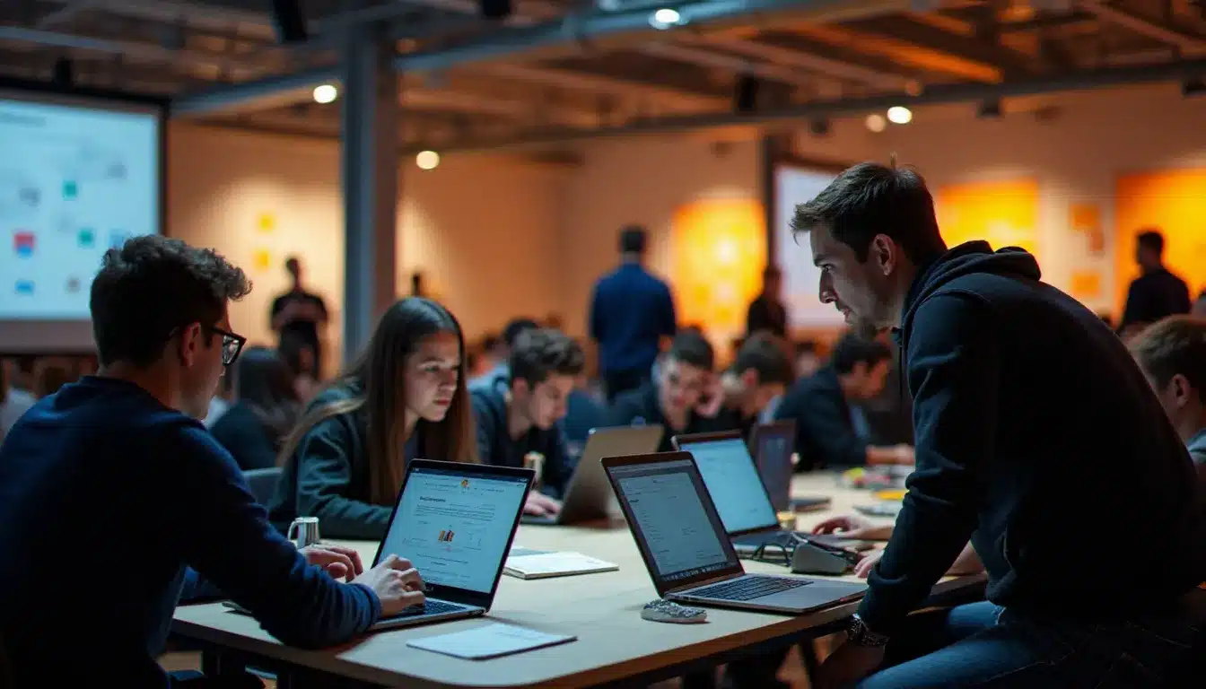 Participants d'un hackathon biotech collaborant intensément autour de tables couvertes de prototypes et de notes, dans une grande salle lumineuse et animée