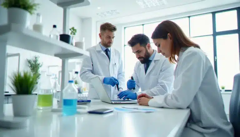 Équipe pluridisciplinaire travaillant dans un laboratoire de biotech moderne, illustrant ce qu'est une biotech company aujourd'hui