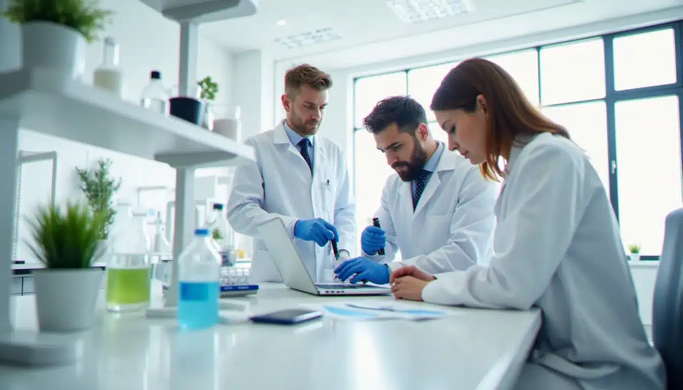 Équipe pluridisciplinaire travaillant dans un laboratoire de biotech moderne, illustrant ce qu'est une biotech company aujourd'hui