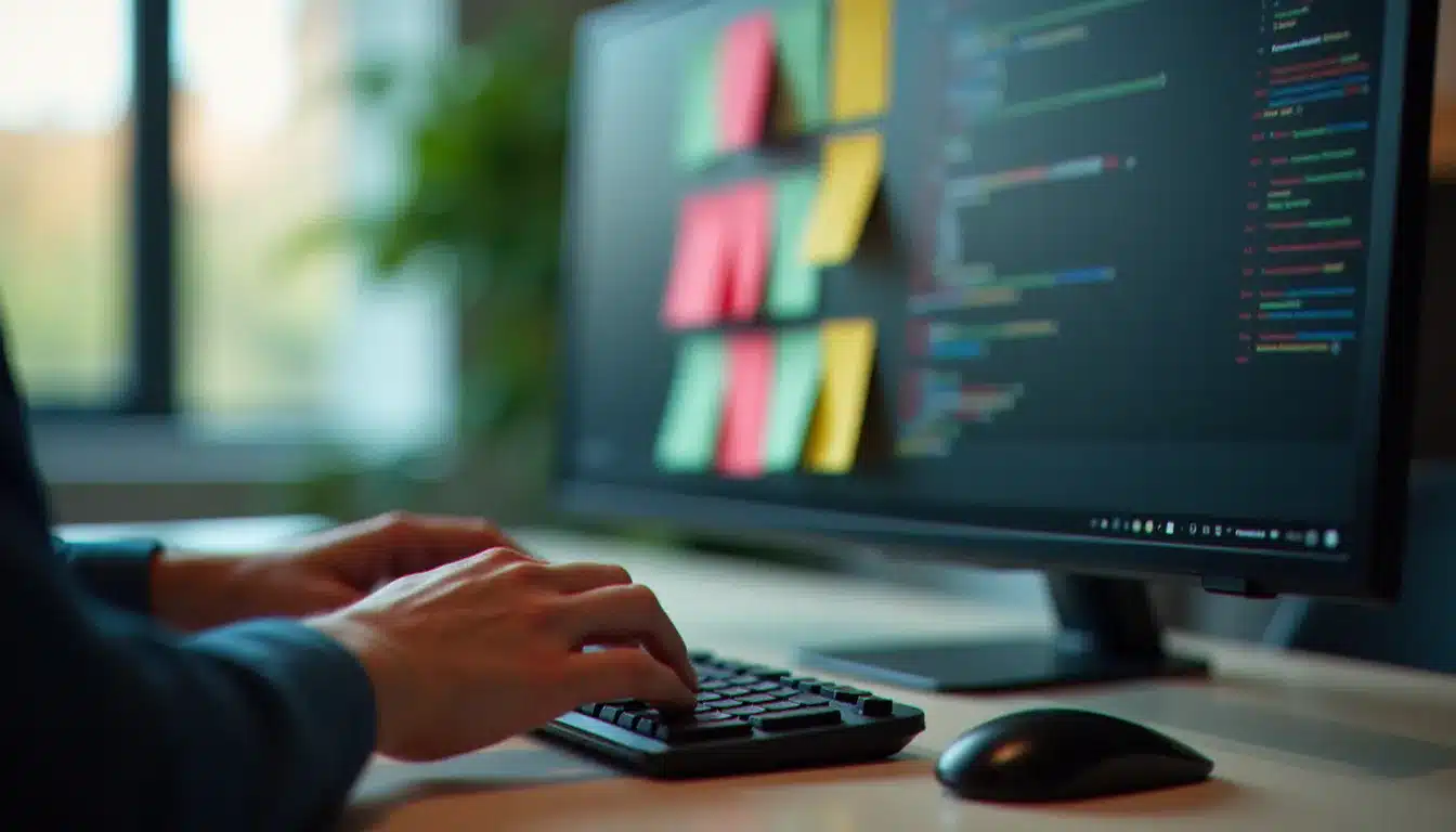 Mains d'un développeur Android tapant sur un clavier mécanique pendant la préparation d'un hackathon, post-its de planification par phases sur une paroi vitrée et émulateur Android visible en arrière-plan