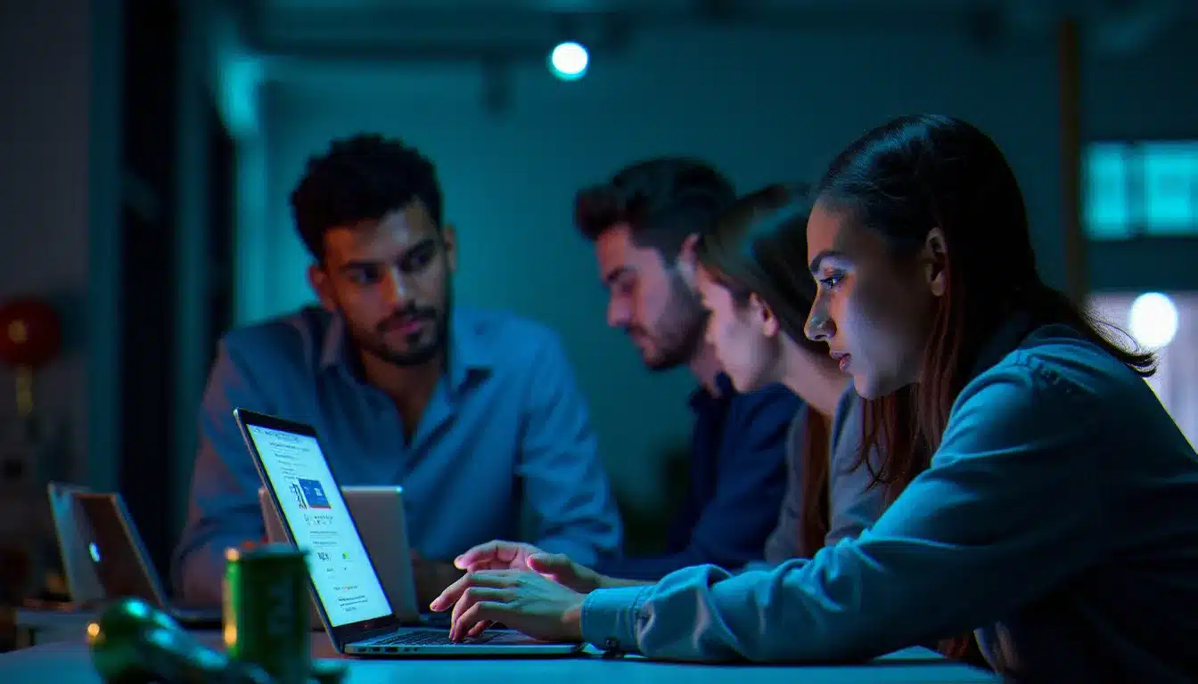 Équipe de quatre participants concentrés lors d'un hackathon nocturne développant une application Android sur leurs laptops dans un grand loft parisien avec d'autres équipes visibles en arrière-plan
