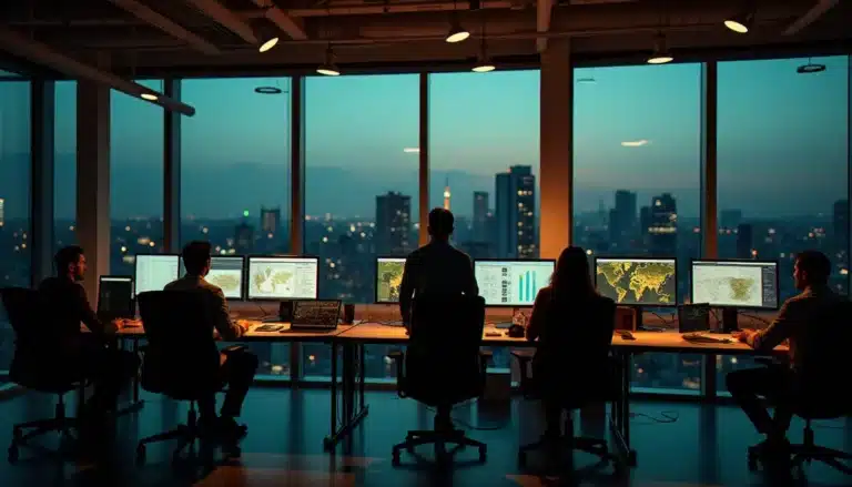 Équipe tech ENR analysant des tableaux de bord d'énergie renouvelable en temps réel dans un open space parisien moderne au coucher du soleil