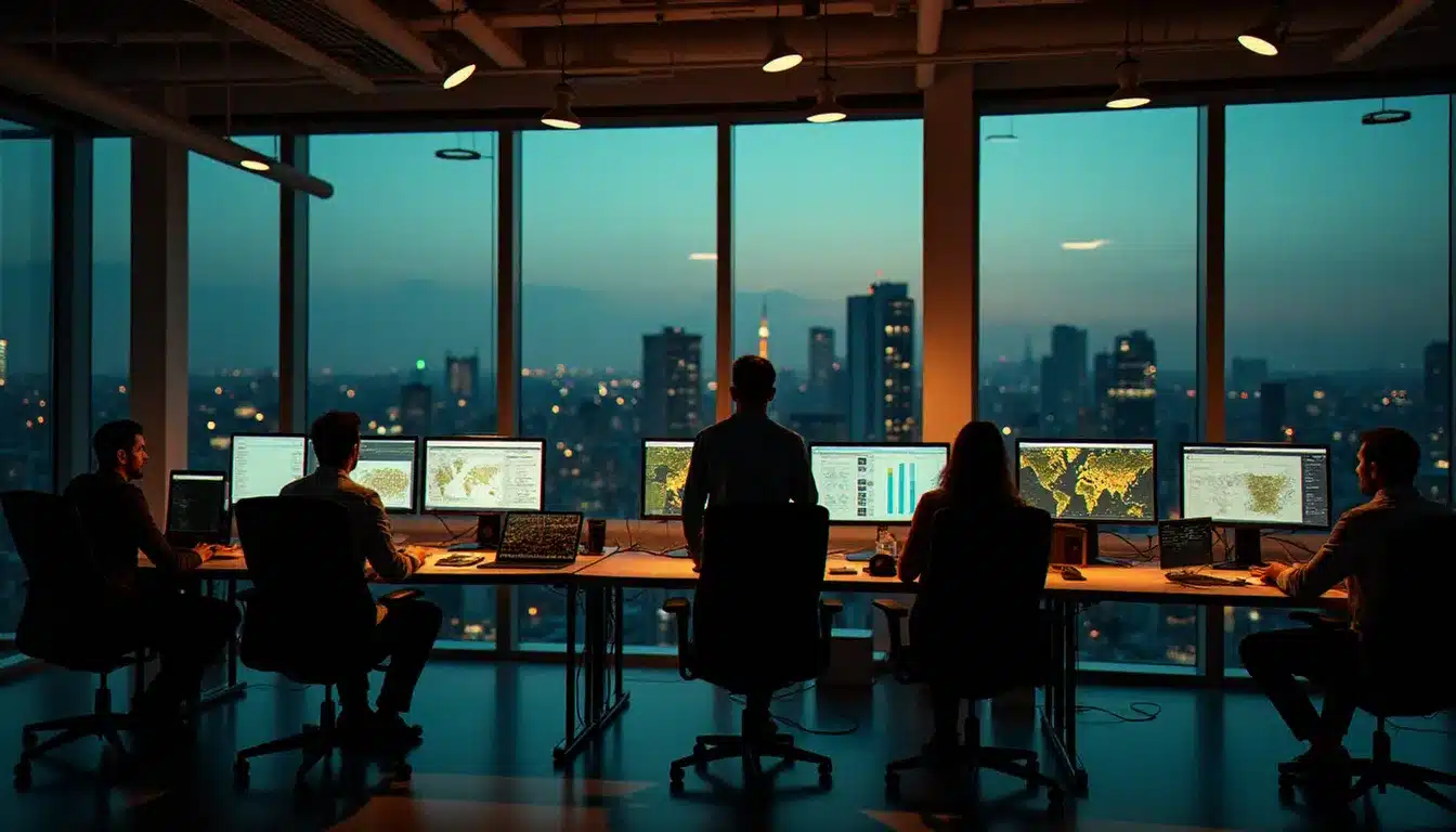 Équipe tech ENR analysant des tableaux de bord d'énergie renouvelable en temps réel dans un open space parisien moderne au coucher du soleil