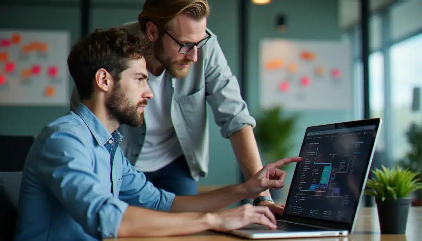 Mentor technique accompagnant un participant lors d'une session de travail intensif au hackathon, échange de connaissances en temps réel