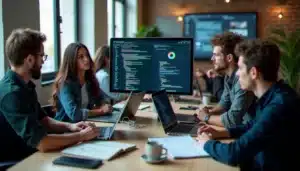 Équipe de développeurs concentrés autour d'un écran lors d'un hackathon tech à Paris, illustrant les conditions réelles d'évaluation des avis Tech Limited