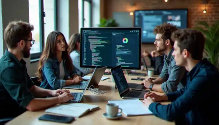 Équipe de développeurs concentrés autour d'un écran lors d'un hackathon tech à Paris, illustrant les conditions réelles d'évaluation des avis Tech Limited