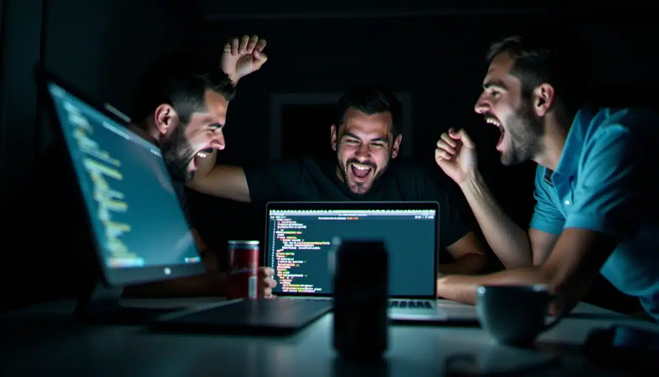 Équipe de participants à un hackathon fêtant une avancée technique en pleine nuit, entourée d'ordinateurs et de tasses de café vides dans une salle plongée dans la pénombre
