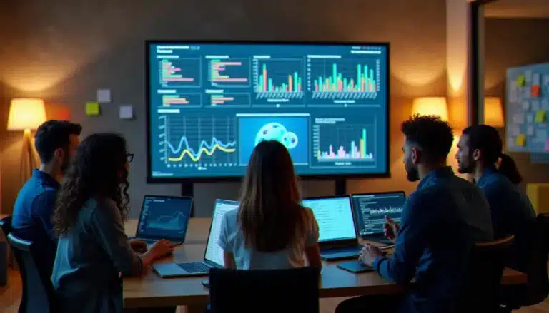 Équipe de participants à un hackathon tech VIP travaillant intensément sur des visualisations de données dans un laboratoire d'innovation parisien moderne