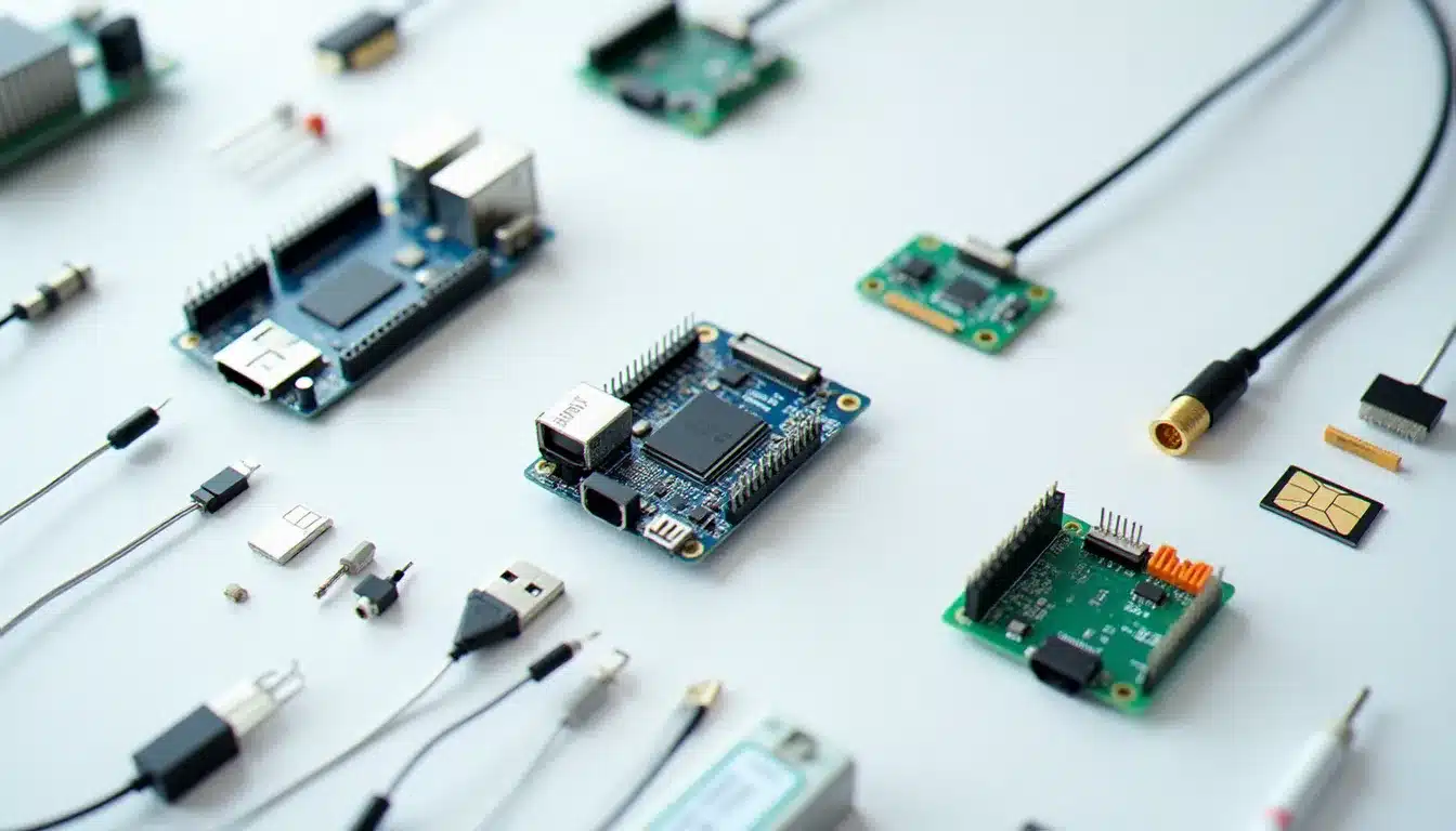 Comparaison de modules cellulaires IoT LTE-M et NB-IoT disposés sur une table de laboratoire, illustrant les différents outils pour implémenter la cell tech