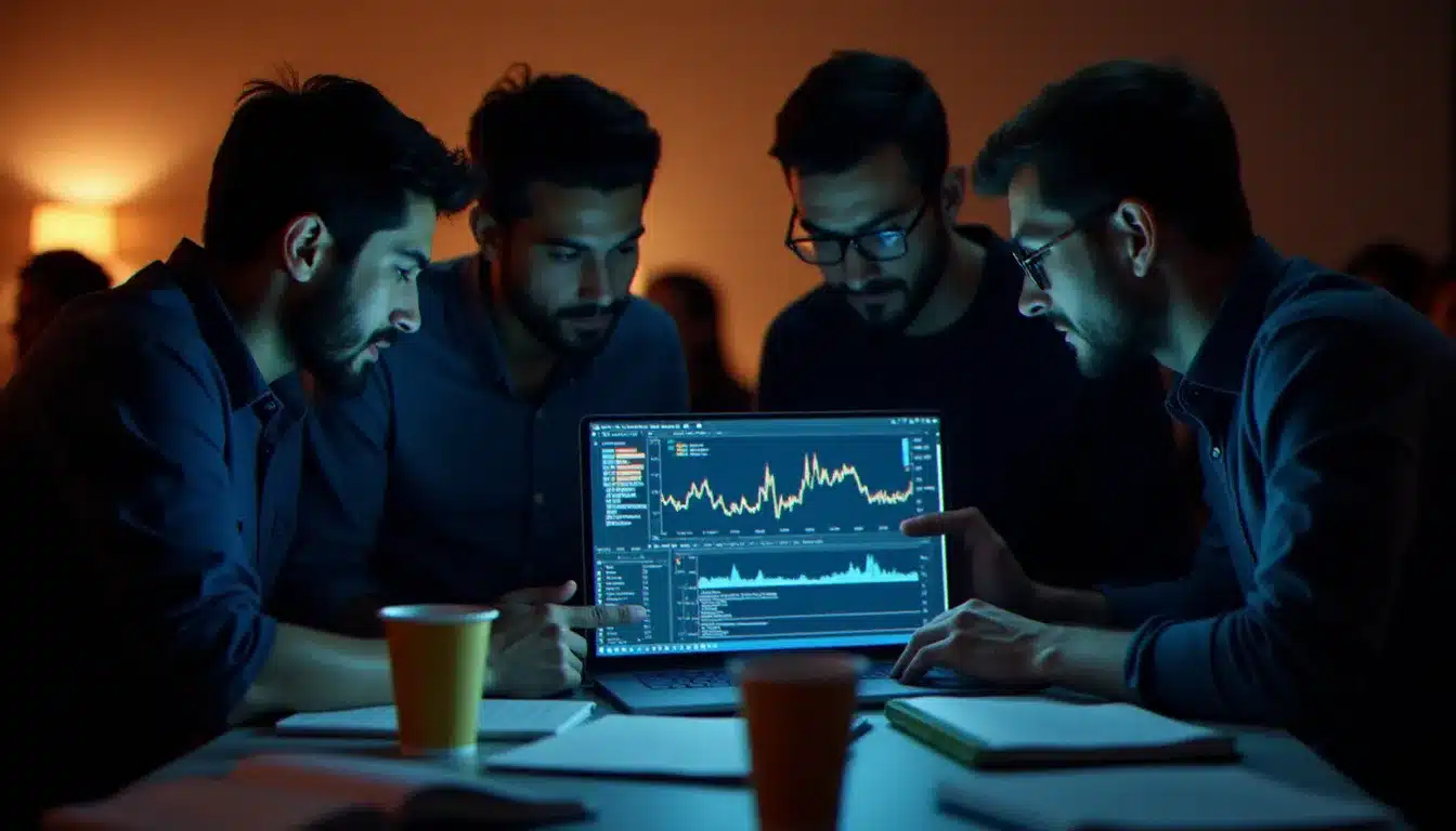 Équipe de développeurs analysant des données en temps réel issues d'une architecture cell tech lors d'un hackathon nocturne à Paris