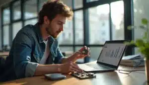 Un ingénieur tenant un module cell tech IoT avec carte SIM pour connecter un capteur lors d'un hackathon tech à Paris