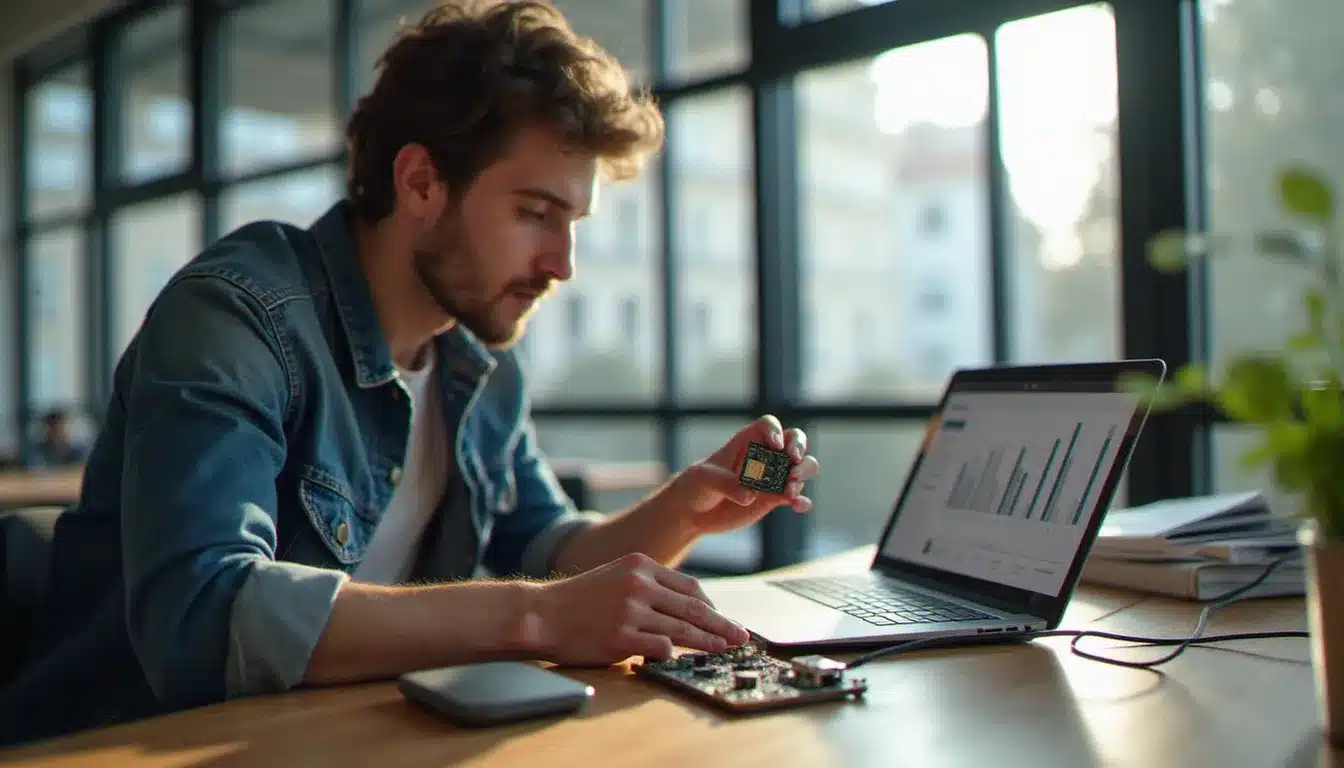 Un ingénieur tenant un module cell tech IoT avec carte SIM pour connecter un capteur lors d'un hackathon tech à Paris