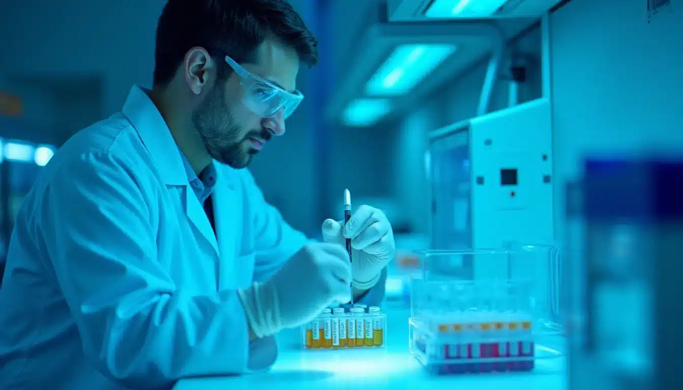 Chercheuse manipulant des échantillons cellulaires sous un poste de sécurité microbiologique à flux laminaire, illustrant les protocoles rigoureux de gestion du cell tech effet secondaire en laboratoire