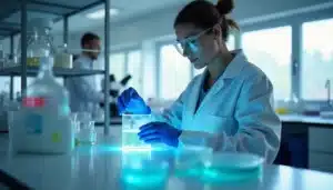 Scientifique examinant une culture cellulaire en flacon dans un laboratoire de biotechnologie moderne, illustrant la précision requise pour anticiper le cell tech effet secondaire