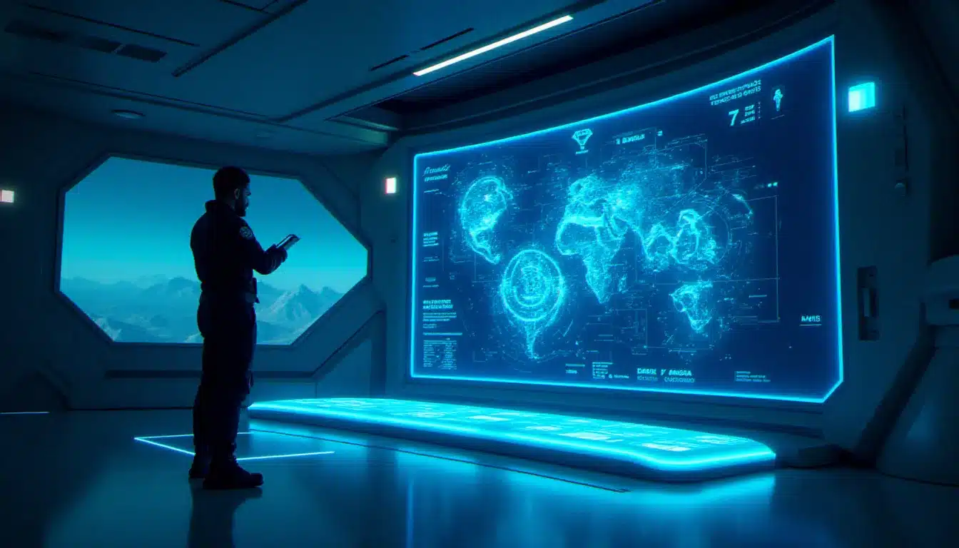Interface holographique d'un courtier technologique dans une station spatiale futuriste d'Elite Dangerous, pilote consultant des modules exclusifs