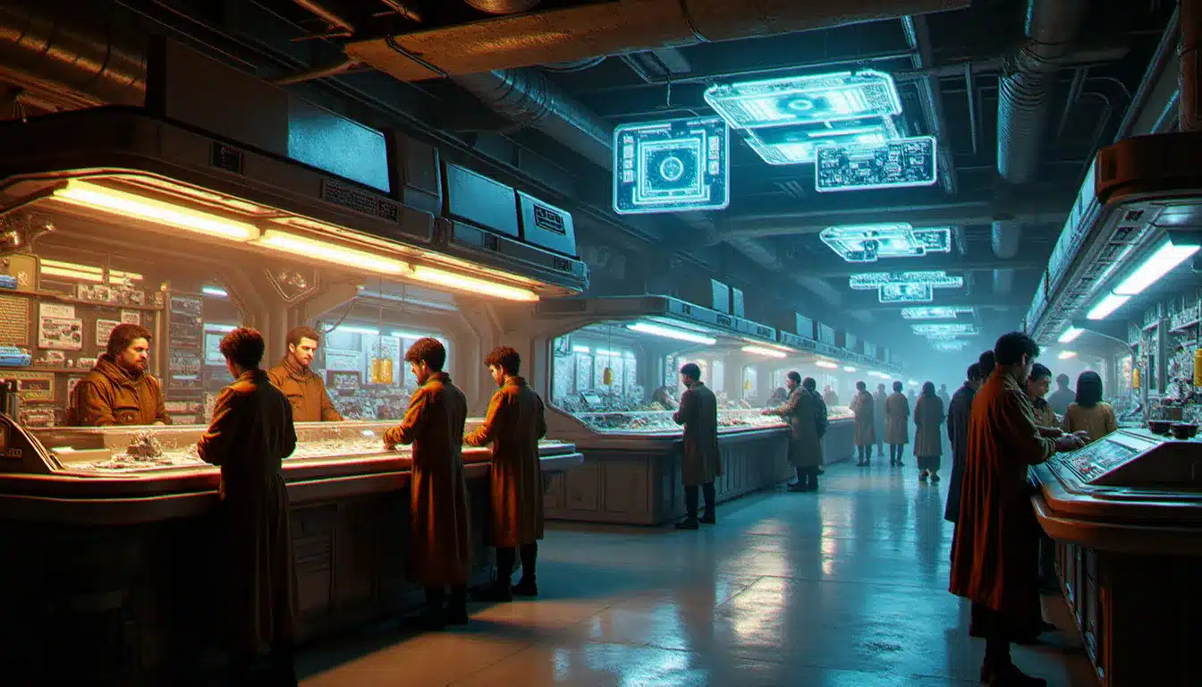 Intérieur de station spatiale avec des marchands Tech Broker spécialisés proposant des modules rares comme le Guardian FSD Booster dans l'univers d'Elite Dangerous