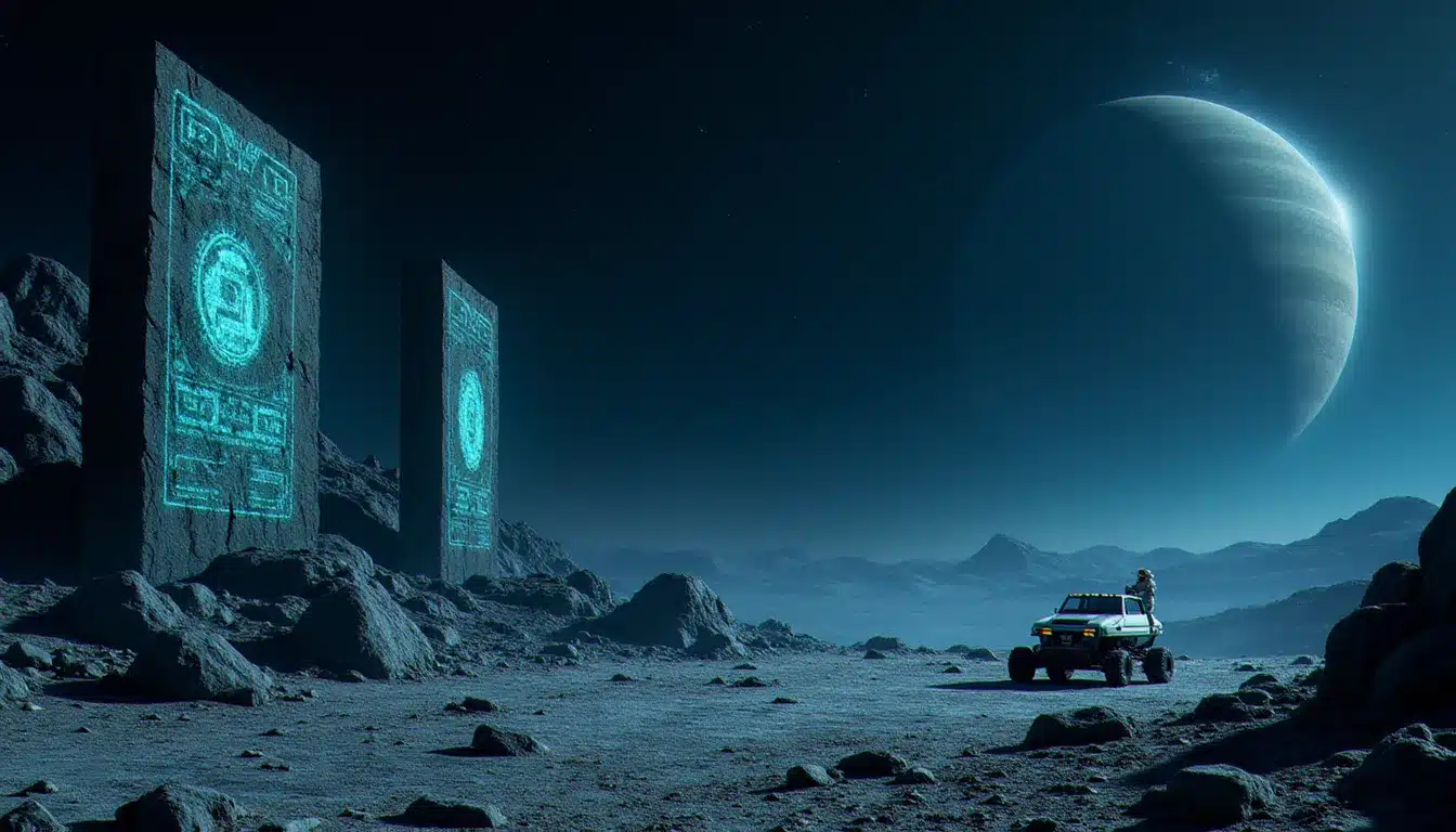 Site de ruines Guardian sur la surface d'une lune désertique dans Elite Dangerous, avec des structures lumineuses bleues et un SRV en train de récolter des matériaux pour déverrouiller le Tech Broker FSD
